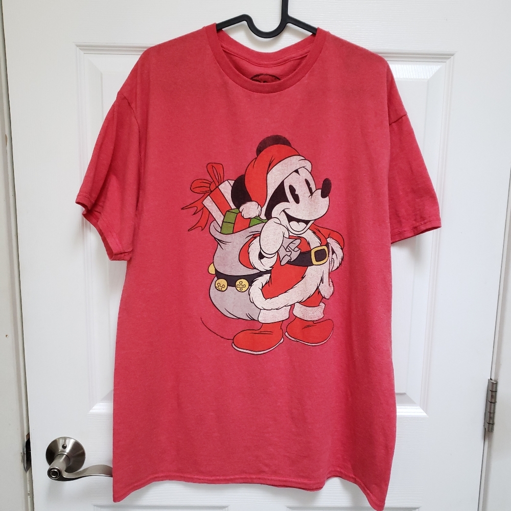 Disney Red Santa Mickey Mouse Short Sleeve Crew Neck T-Shirt